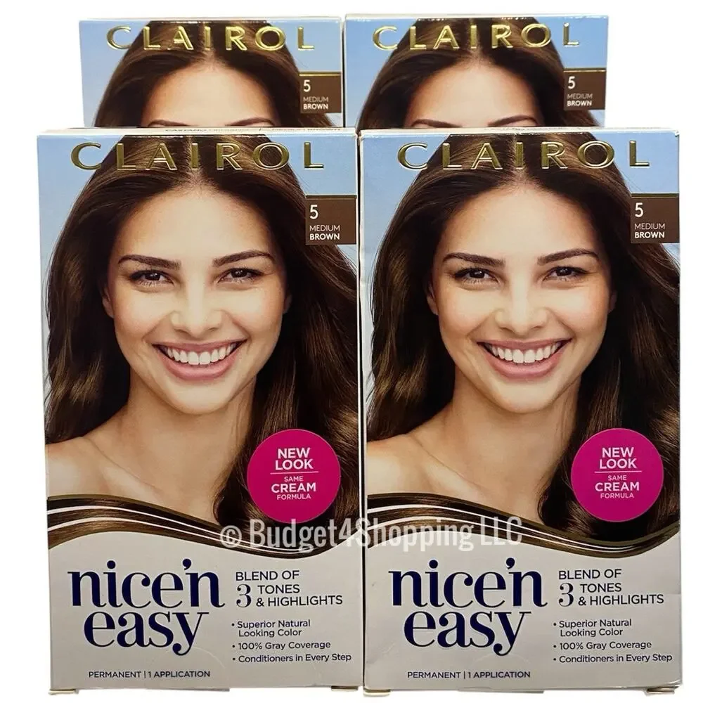 Clairol Nice'n Easy Permanent Hair Dye 5 Medium Brown Hair Color, Pack of 4